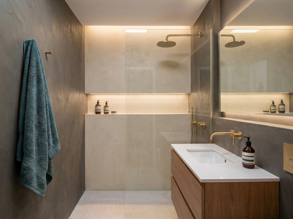 salle d ebain béton ciré sur carrelage