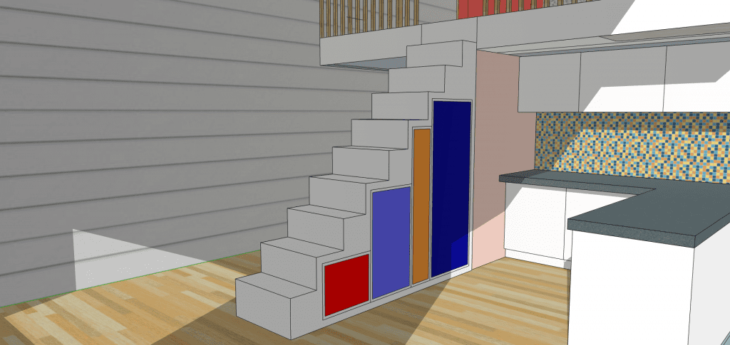 escalier rangement studio avec mezzanine