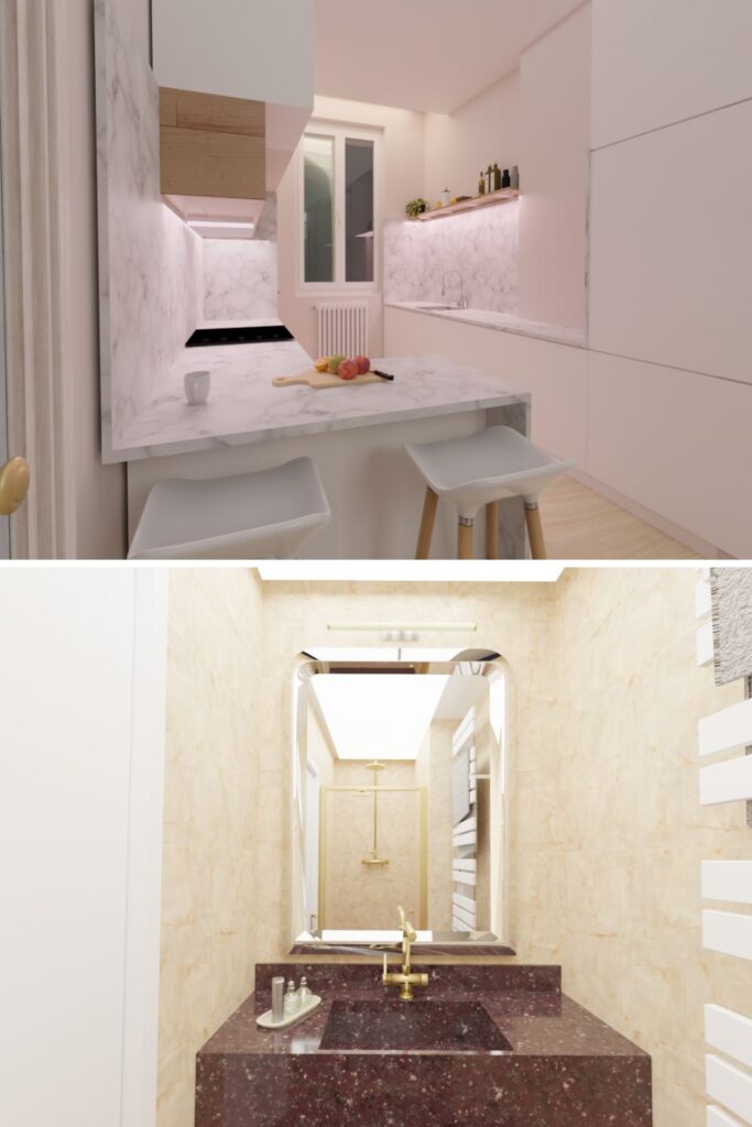 renovation d'appartemenr à Lyon: vue de la cuisine et de la petite salle de bain (projet 3D)