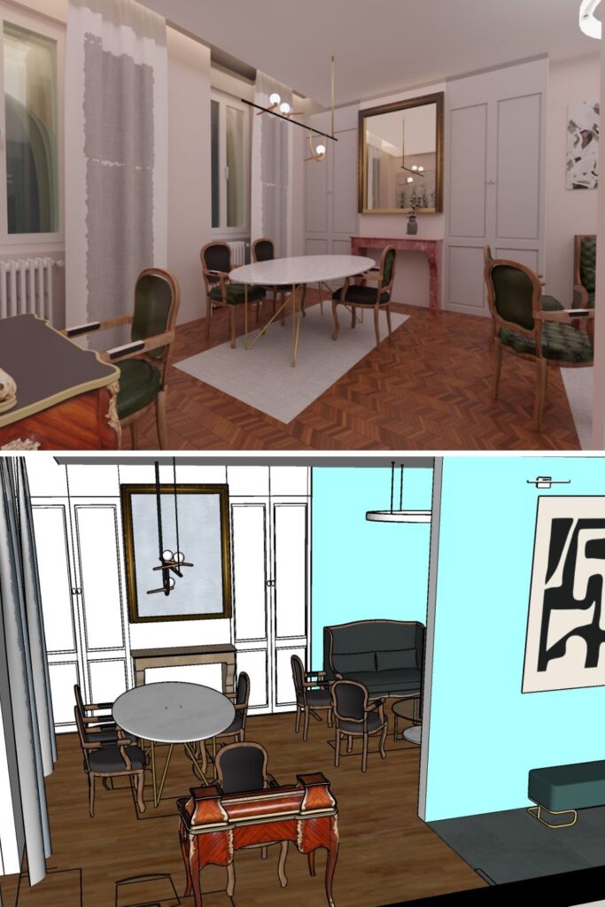 renovation appartement lyon - vue de la pièce de vie ( projet 3D)