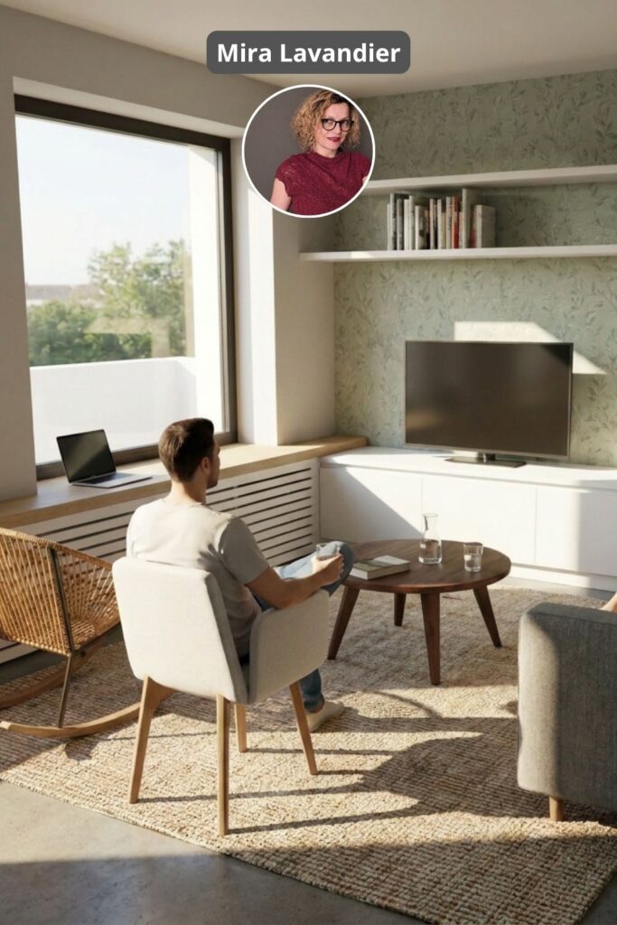Cette image montre un exemple de pièce de vie moderne scandinave avec un cache radiateur qui forme une banquette