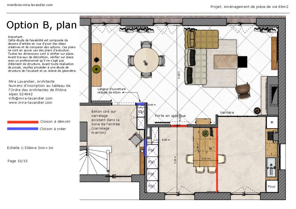 Plan de cuisine de 20m2 avec îlot central et coin repas