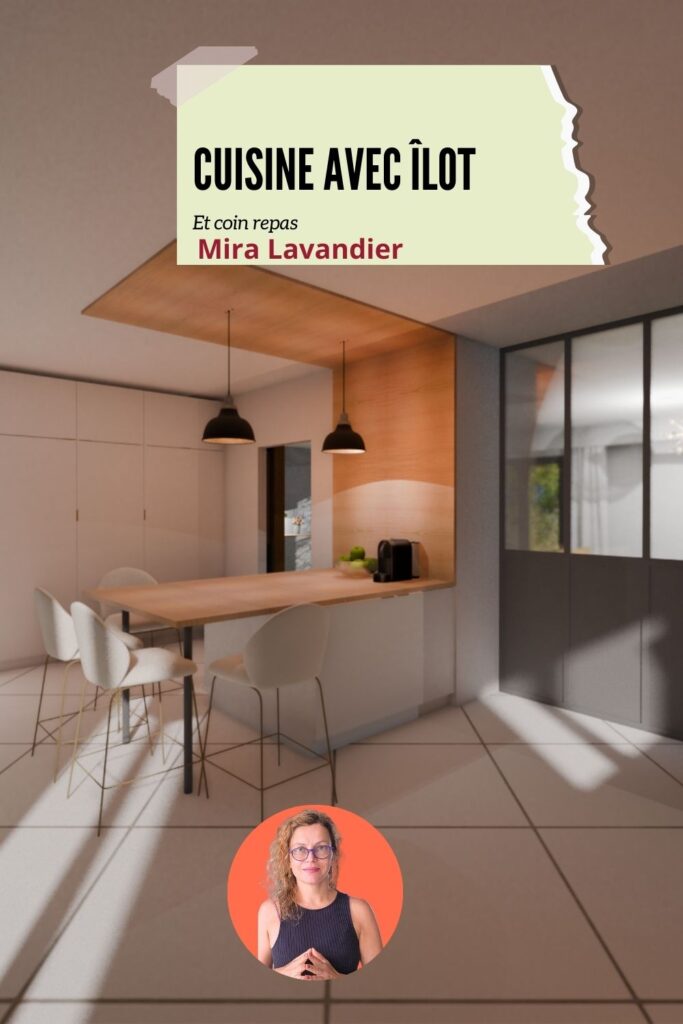 Plan de cuisine de 20m2 avec îlot central et coin repas
