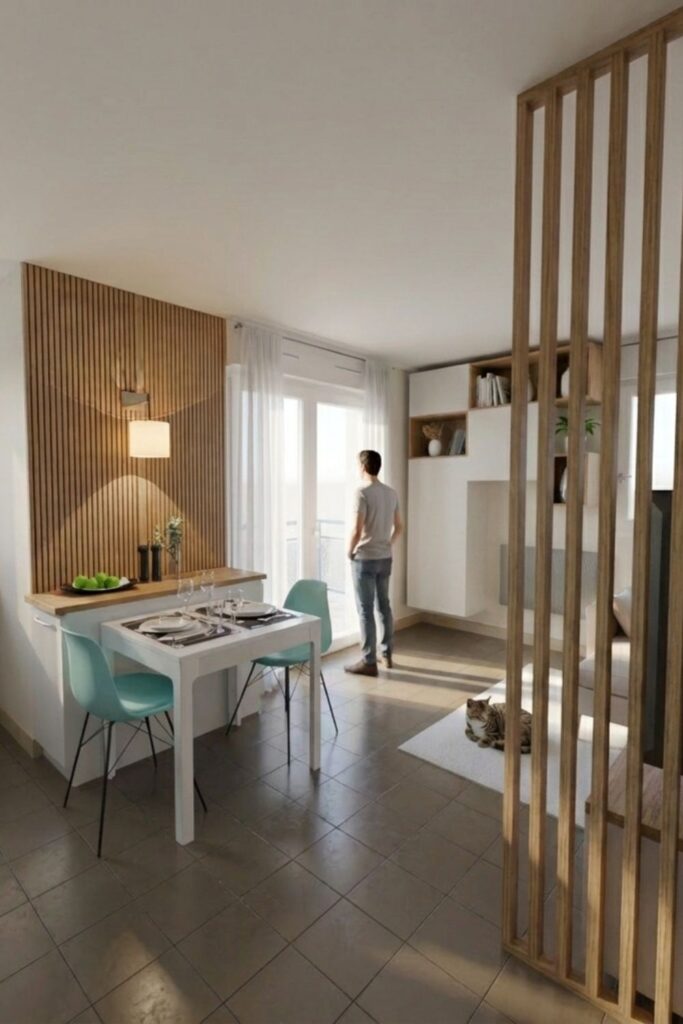 Cette image montre un exemple de simple claustra verticale qui permet de délimiter une entrée dans un petit appartement