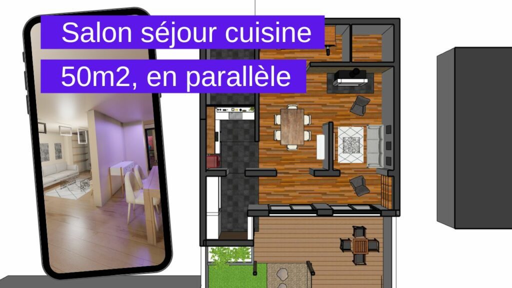 Salon séjour cuisine 50m2 en parallele