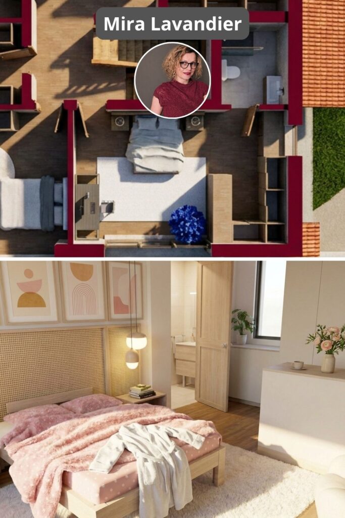chambre romantique moderne en teintes roses et bois blond
