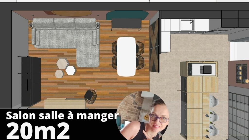 aménager salon salle à manger 20m2 vue en plan