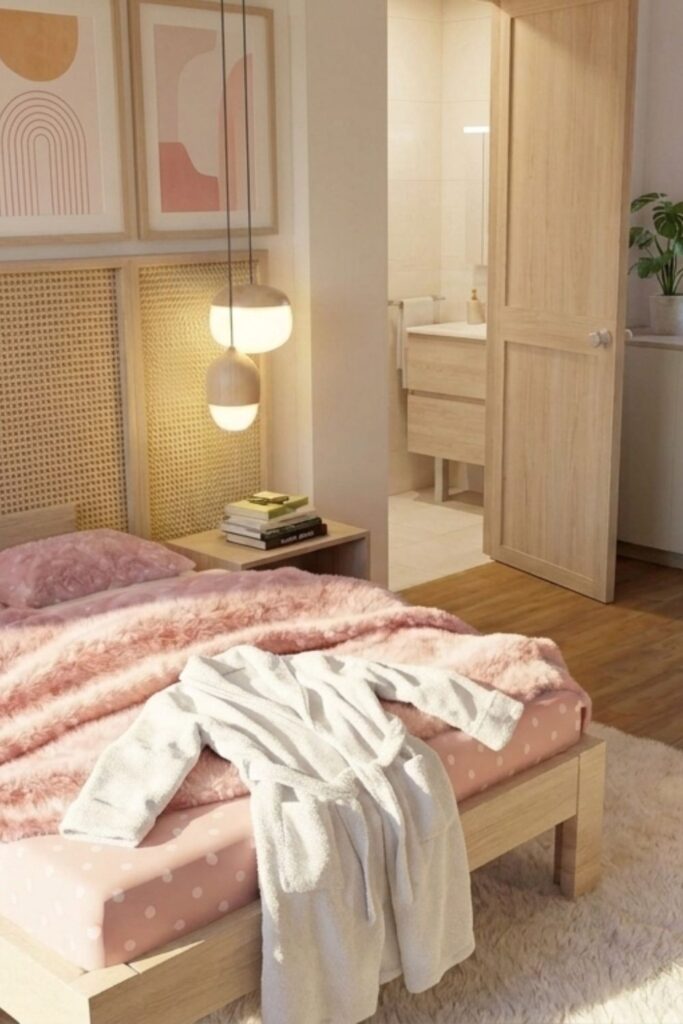 comment décorer un appartement neuf ? exemple de chambre avec sa salle de bain en rose et bois blond