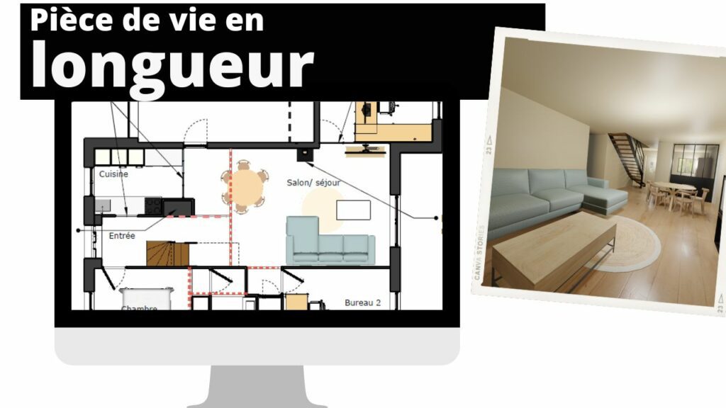 amenagement piece de vie en longueur