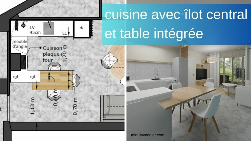 îlot central avec rangement et table