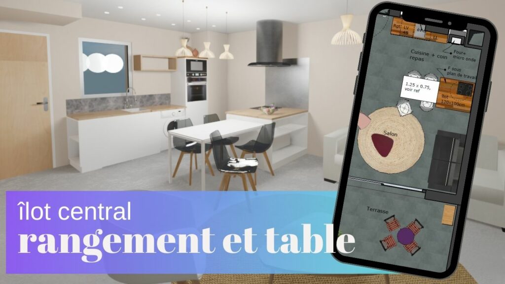 îlot central avec rangement et table