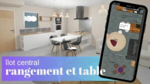petite cuisine avec ilot central et table intégrée