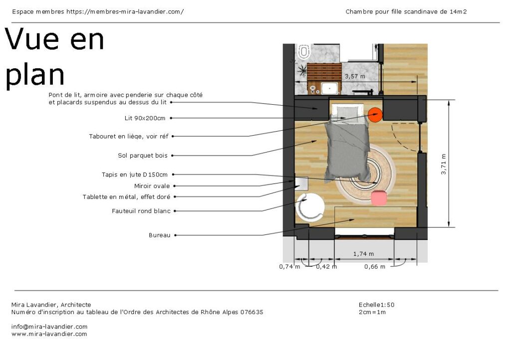 plan chambre pour fille scandinave de 14m2