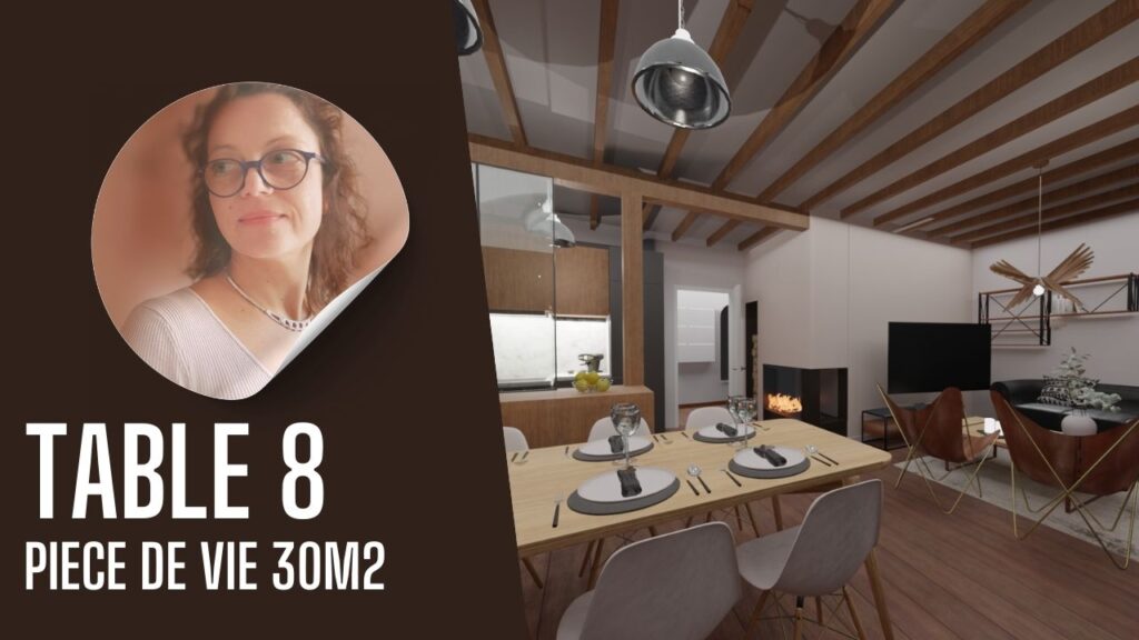 table pour 8 dans une pièce de vie avec cuisine ouverte sur salon de 30m2