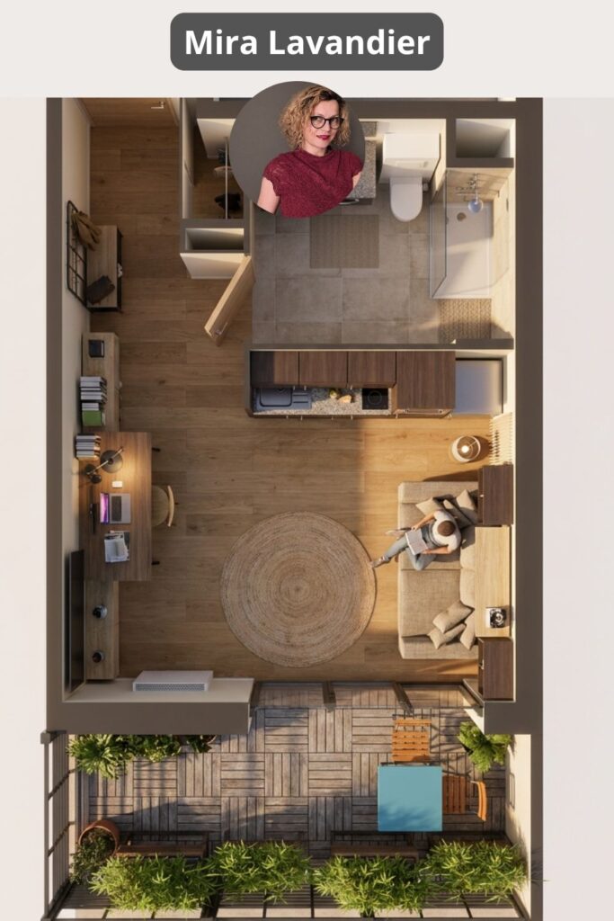 Aménagement de studio de 30m2 avec extérieur, vue en plan