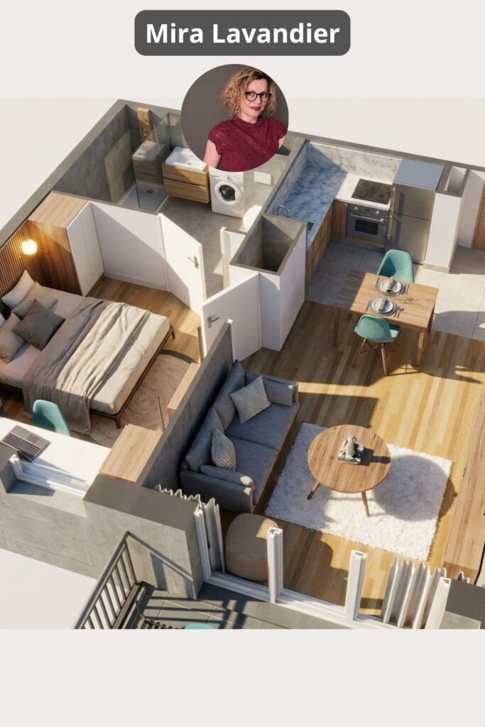 Salle de bain pratique avec lave linge pour ce plan appartement 40m2 1 chambre