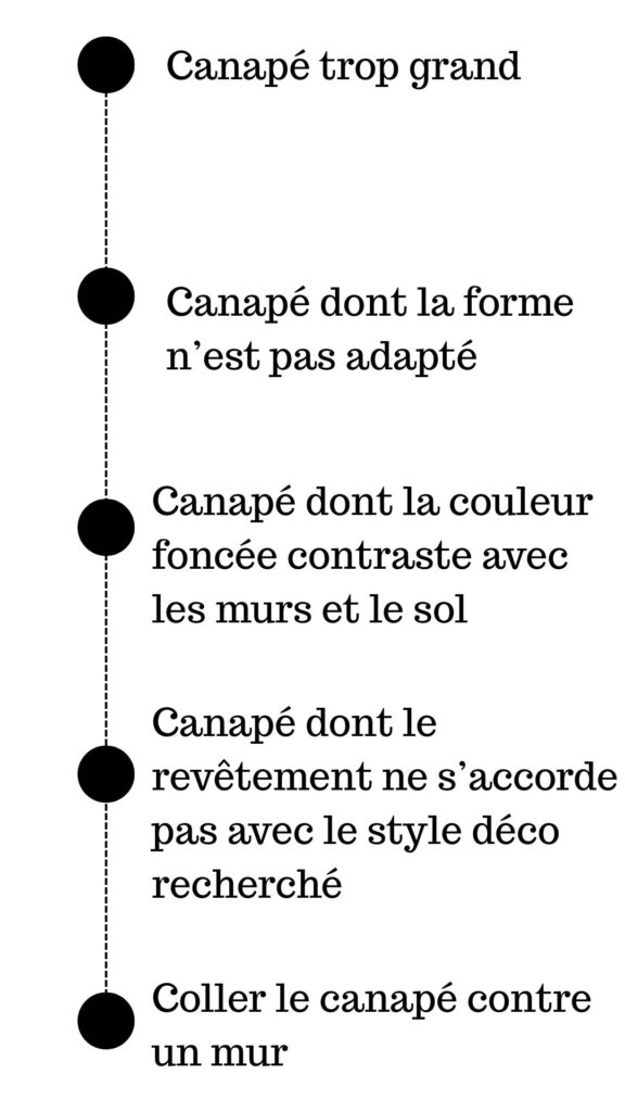 Les 5 erreurs les plus fréquentes – le canapé trop grand, les couleurs sombres, le canapé collé au mur, ou encore la mauvaise circulation entre canapé et TV.