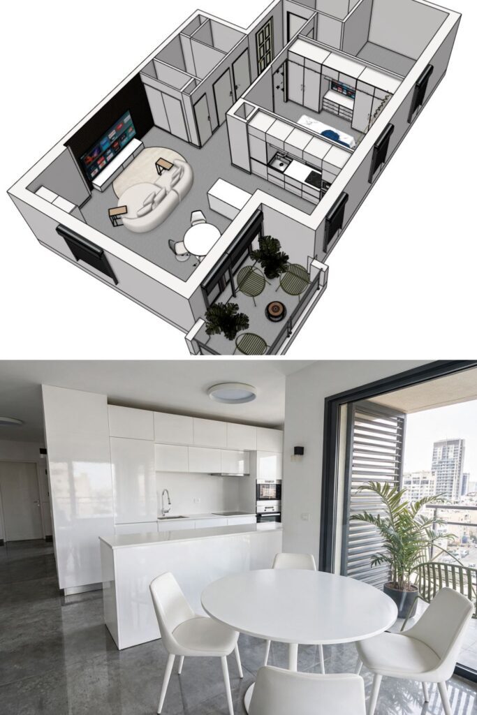 Cuisine ouverte sur salon de 30m2 : appartement minimaliste en VEFA optiona vec table ronde et îlot central