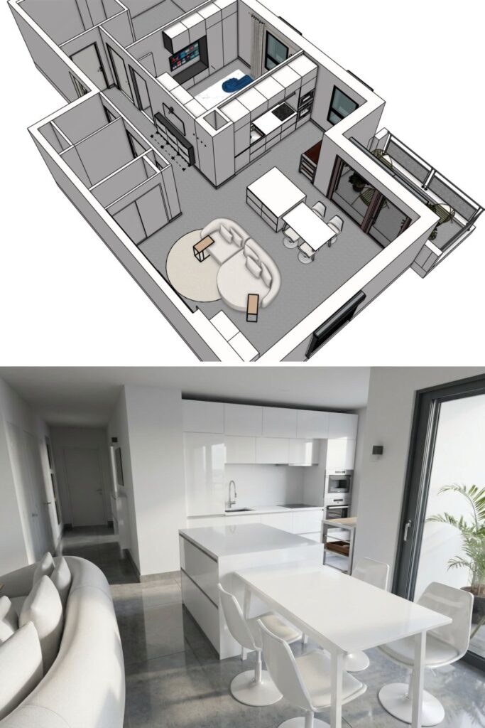 Cuisine ouverte sur salon de 30m2 : appartement minimaliste en VEFA
option avec îlot central et table extensible rectangulaire accolée