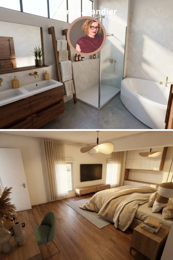 Suite parentale dans les combles : chambre, dressing et salle de bain avec baignoire îlot