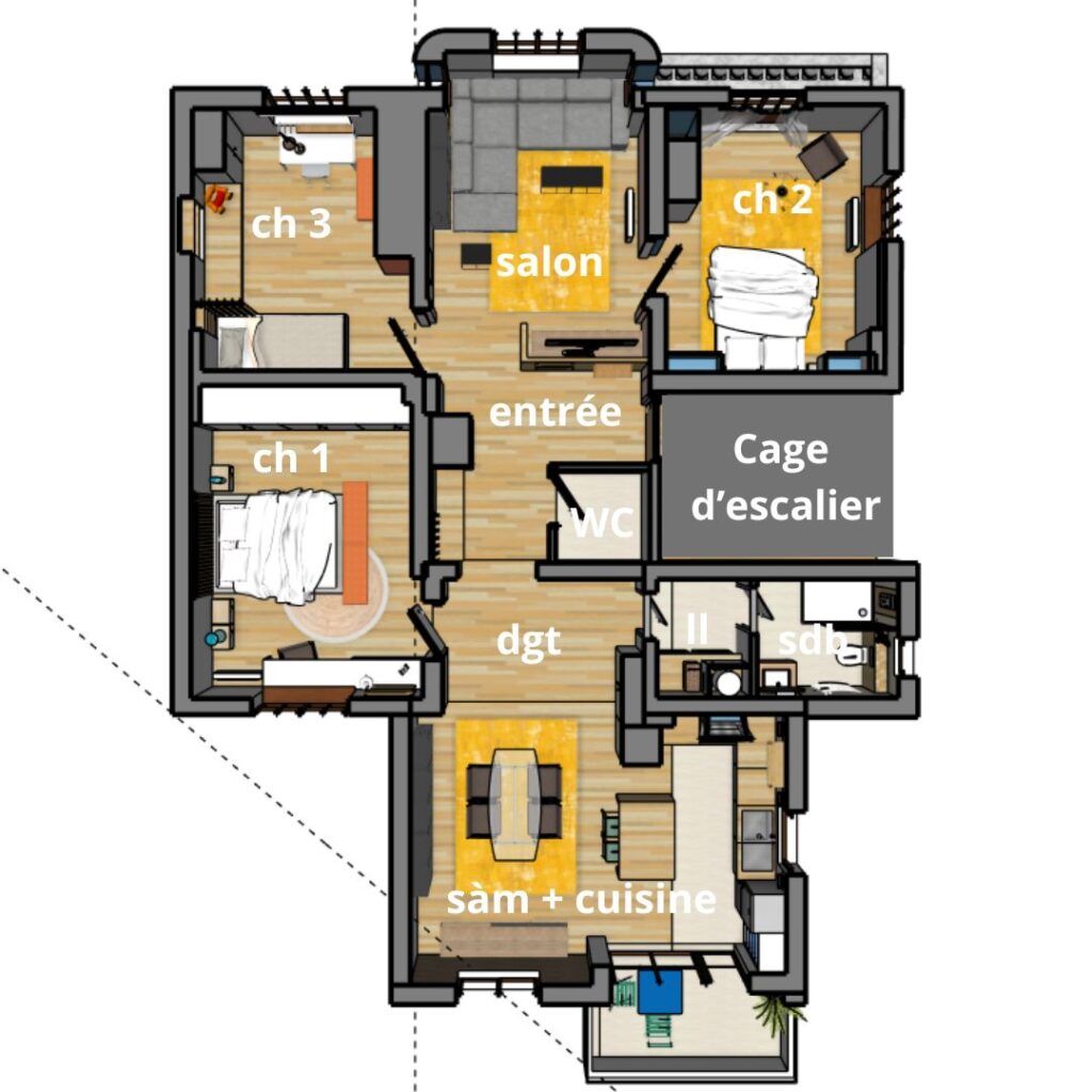  plan appartement 100m2 3d Aménagement de cet appartement de 100m2 avec 3 chambres et une pièce de vie traversante en longueur au centre