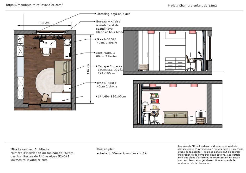 Chambre de 13 m² pour deux demi-sœurs : un aménagement évolutif et économique plan et coupe