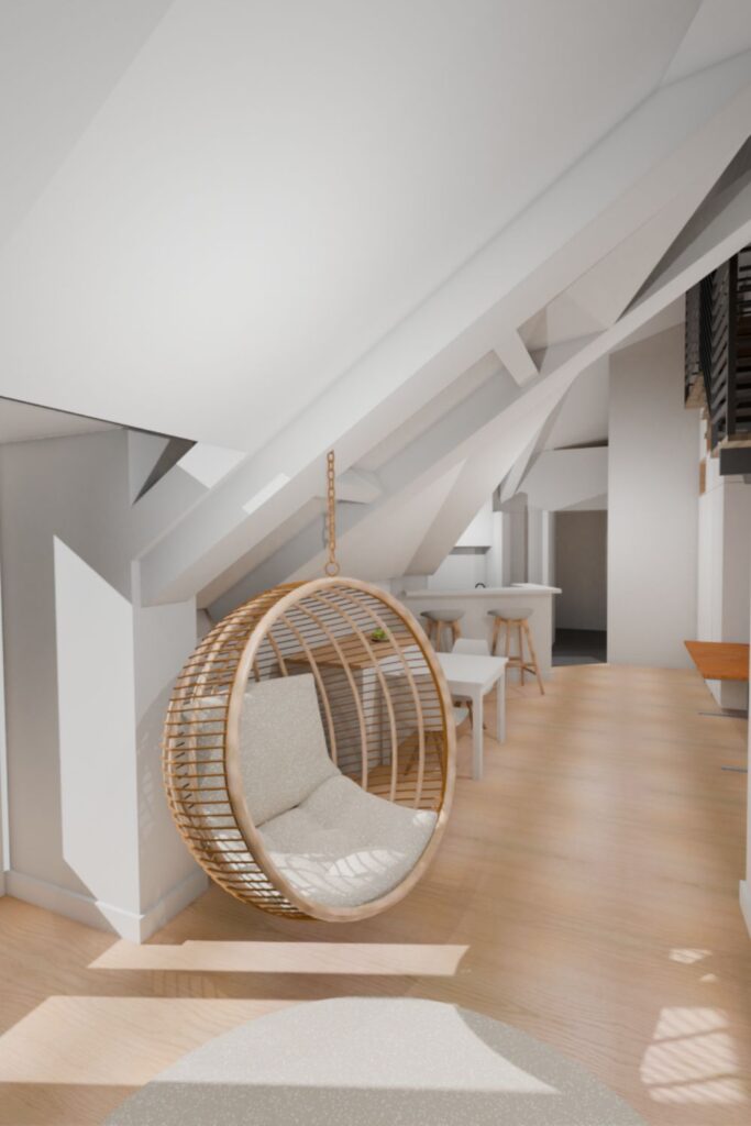 Cette image montre un projet 3D pour l'aménagement d'intérieur d'un appartement entièrement dans les combles à Paris