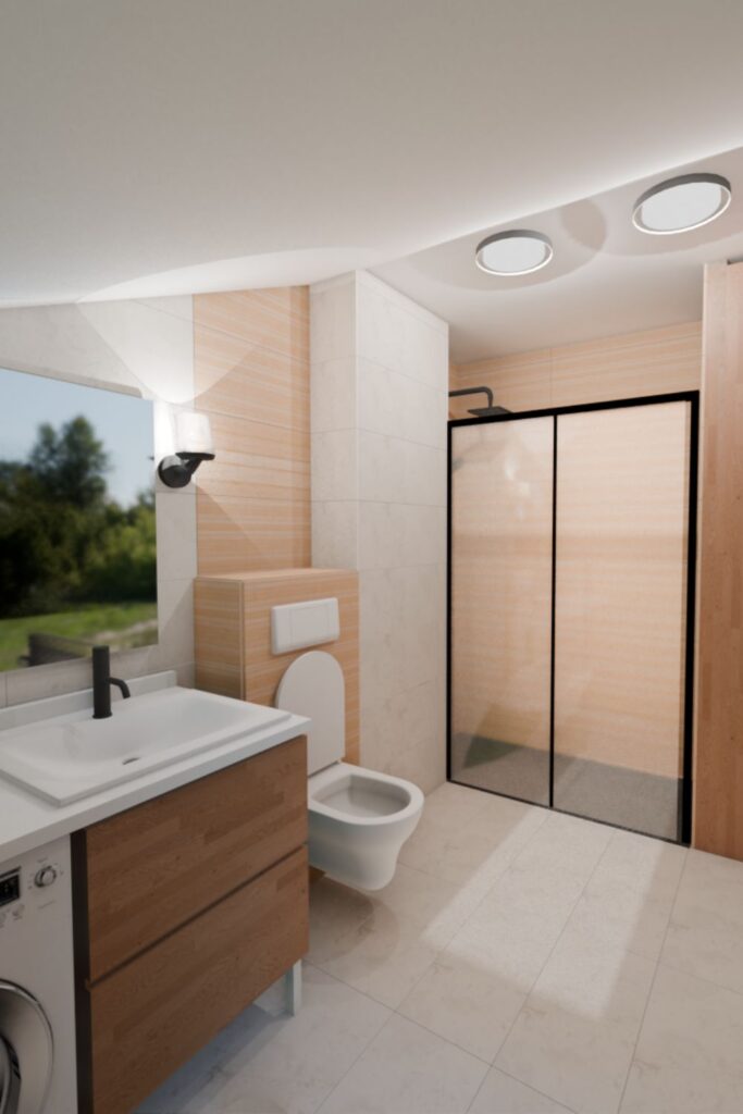 Cette image montre un projet 3D pour une rénovation de salle de bain dans les combles: une salle de bain avec douche, rangements et lave linge