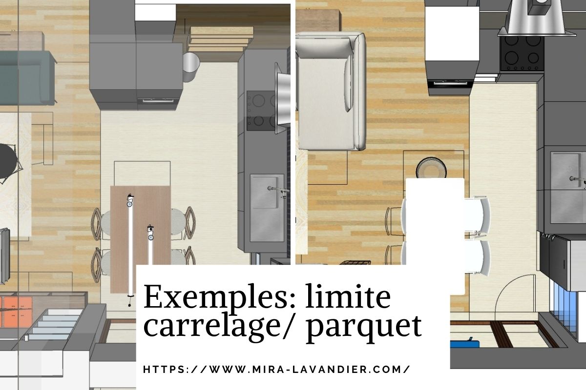 Cuisine ouverte salon avec carrelage et parquet