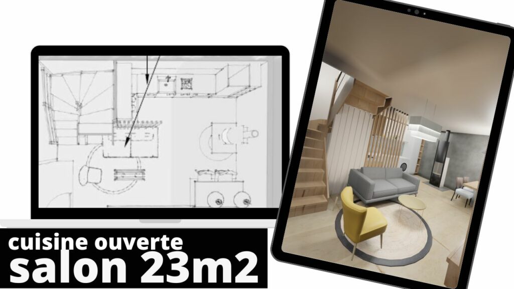 Cuisine ouverte sur salon 23m2